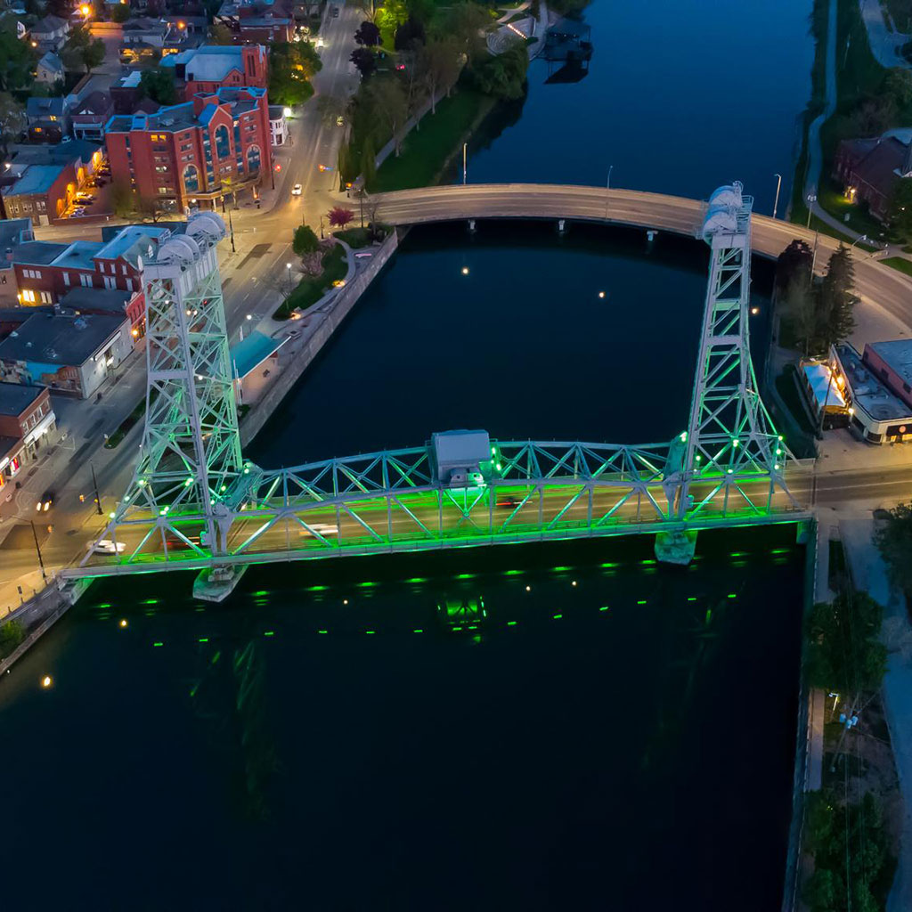 aerial image of bridge 13 at night