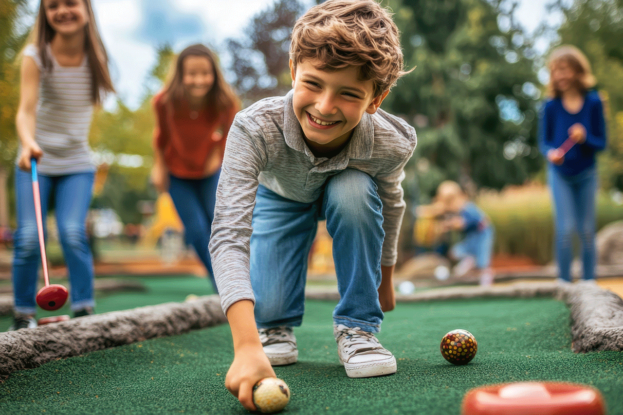 family playing mini putt; pitcher for Wellan Jackfish