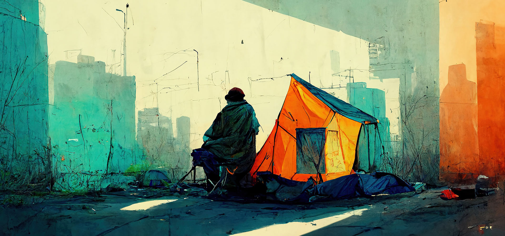 a person sitting in front of a tent