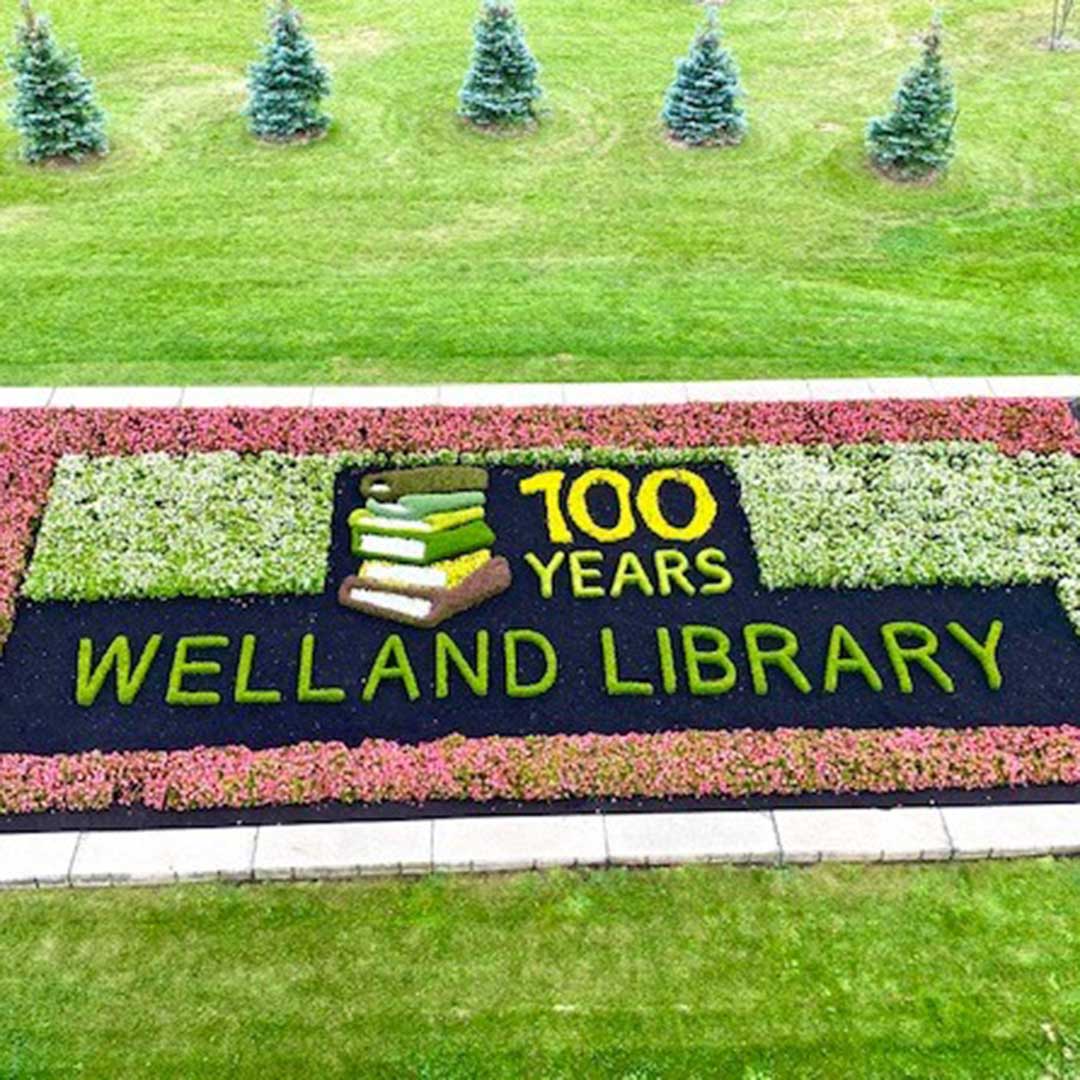 image of Welland Library 100 years floral display