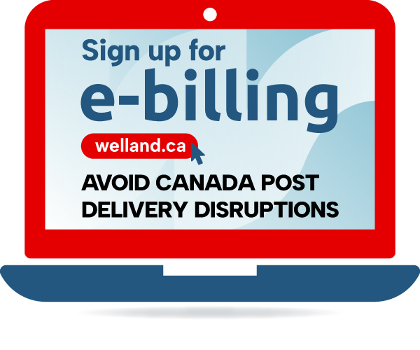 graphic of a computer with the words sign up for e-billing avoid Canada Post Delivery Distruptions