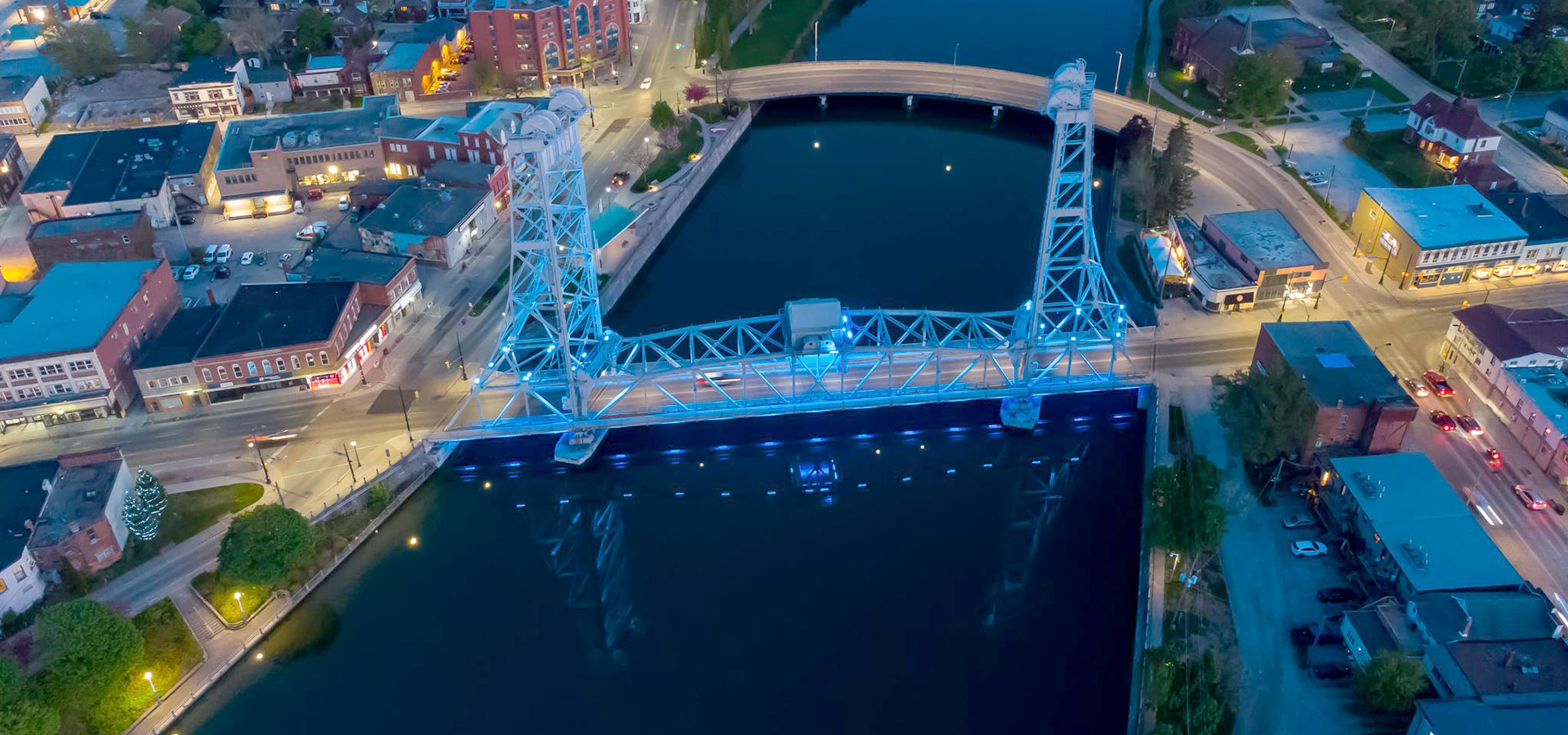 bridge 13 lit up in blue